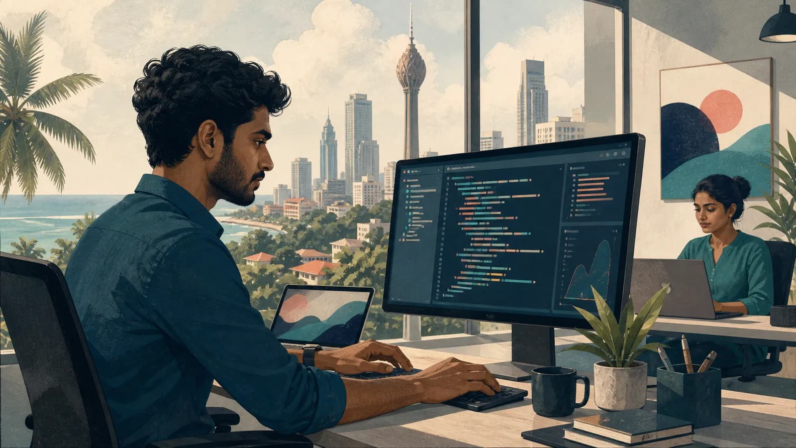 Editorial illustration of a software engineer at a contemporary Colombo office desk reviewing an abstract code interface