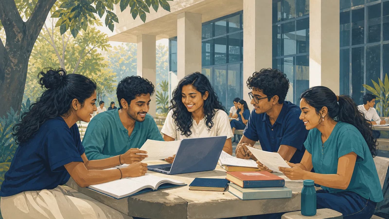 Illustration of Sri Lankan students comparing study options in a university courtyard