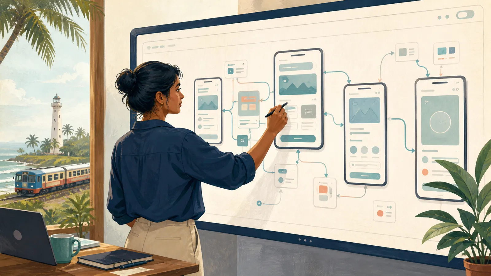Editorial illustration: a Sri Lankan product designer connecting mobile interface sketches on a large digital canvas
